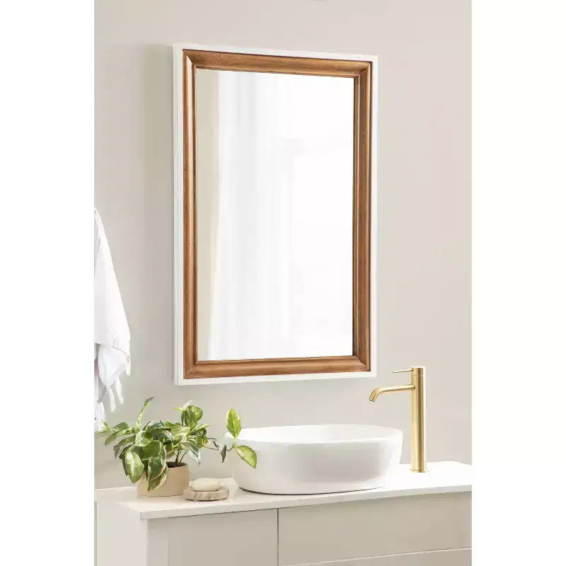 Specchio da Parete Rettangolare Bianco e Marrone Rustico, Cornice Scalettata, 1 Persona, 24"x36"