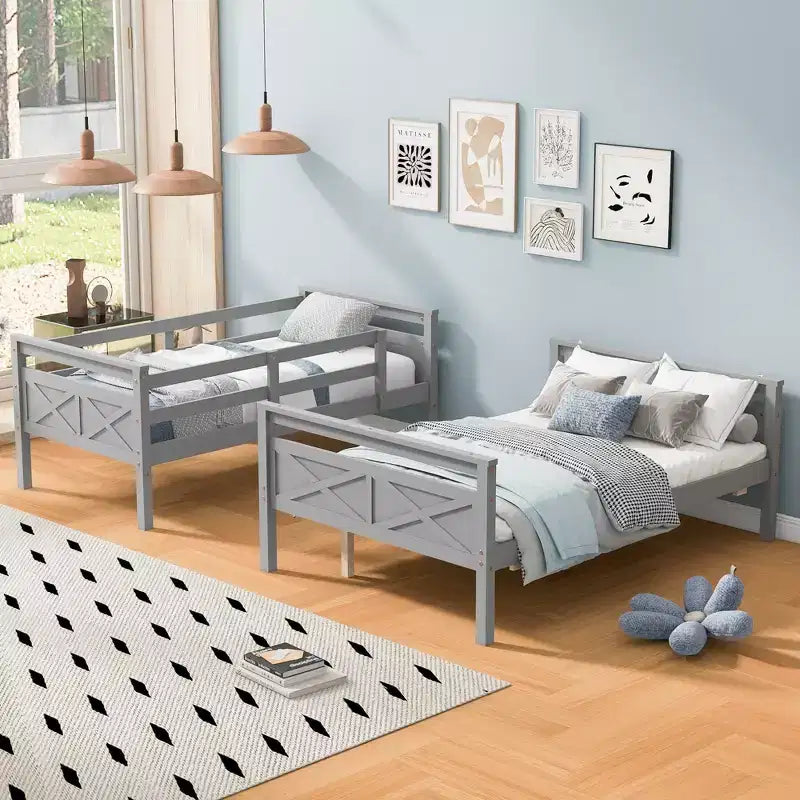 Letto a castello grigio/bianco con scaletta e sponda di protezione, 2 posti letto