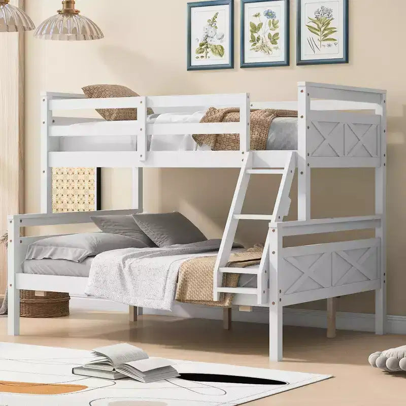 Letto a castello grigio/bianco con scaletta e sponda di protezione, 2 posti letto