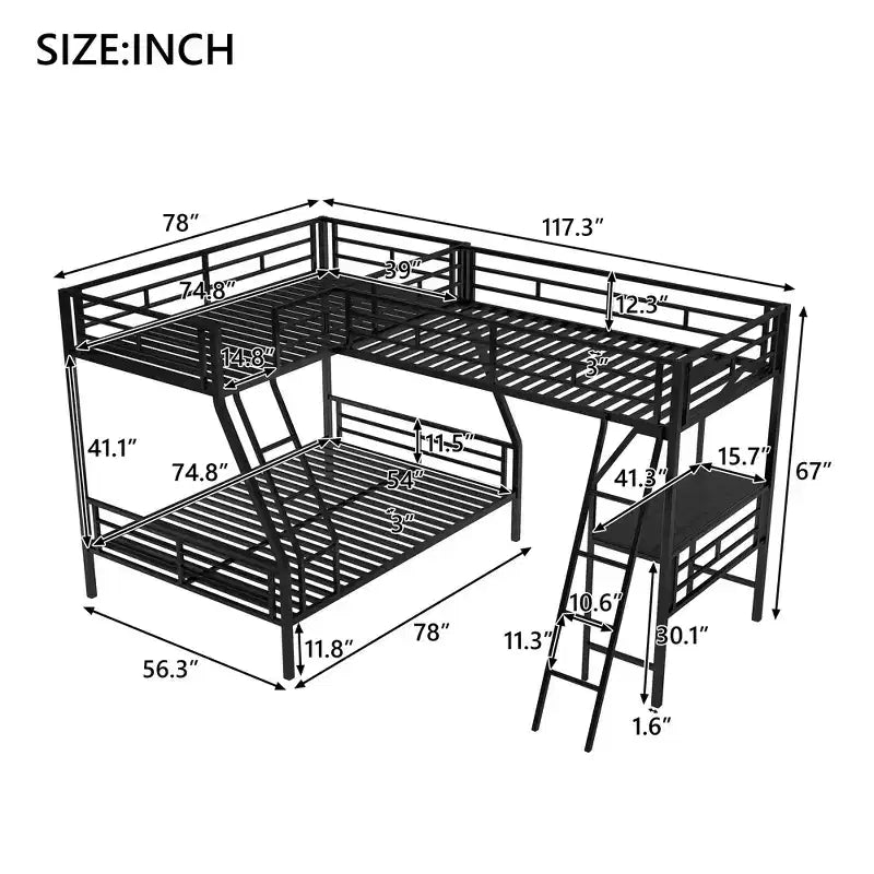 Letto a castello a L in metallo nero, da una piazza e mezzo/da una piazza e mezzo su una piazza e mezza, 3 posti letto, con scrivania integrata