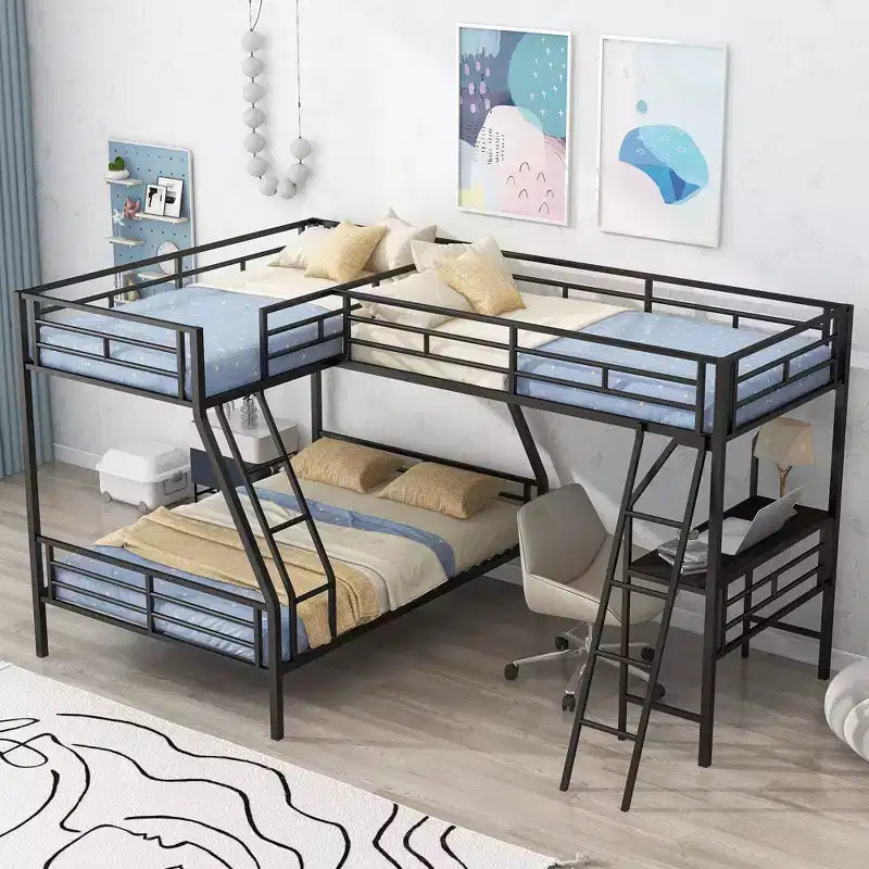 Letto a castello a L in metallo nero, da una piazza e mezzo/da una piazza e mezzo su una piazza e mezza, 3 posti letto, con scrivania integrata