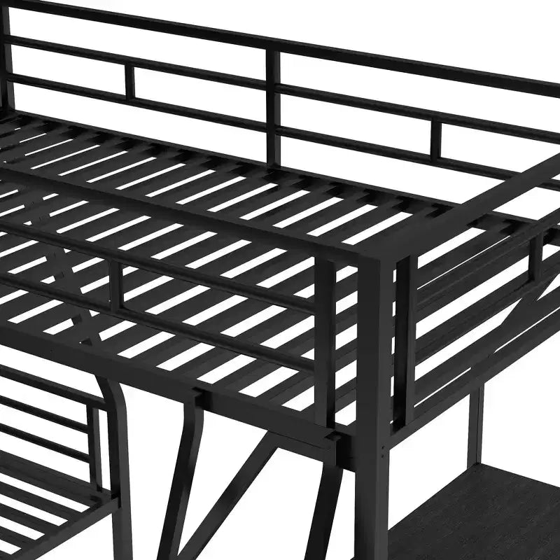 Letto a castello a L in metallo nero, da una piazza e mezzo/da una piazza e mezzo su una piazza e mezza, 3 posti letto, con scrivania integrata