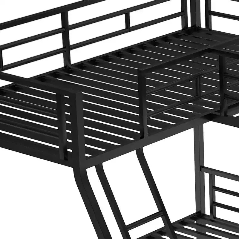 Letto a castello a L in metallo nero, da una piazza e mezzo/da una piazza e mezzo su una piazza e mezza, 3 posti letto, con scrivania integrata