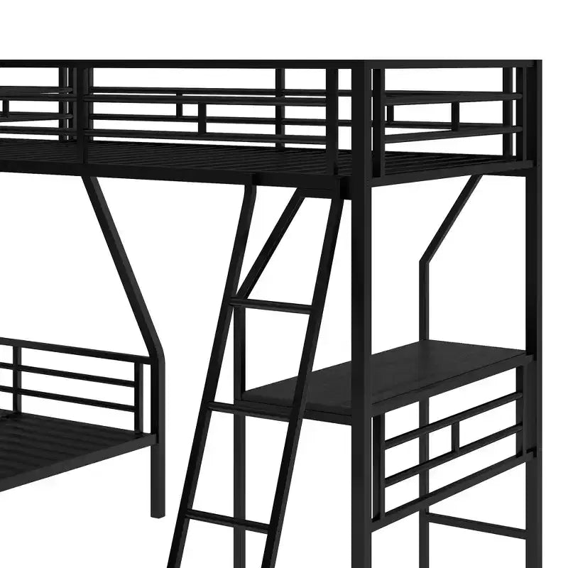 Letto a castello a L in metallo nero, da una piazza e mezzo/da una piazza e mezzo su una piazza e mezza, 3 posti letto, con scrivania integrata