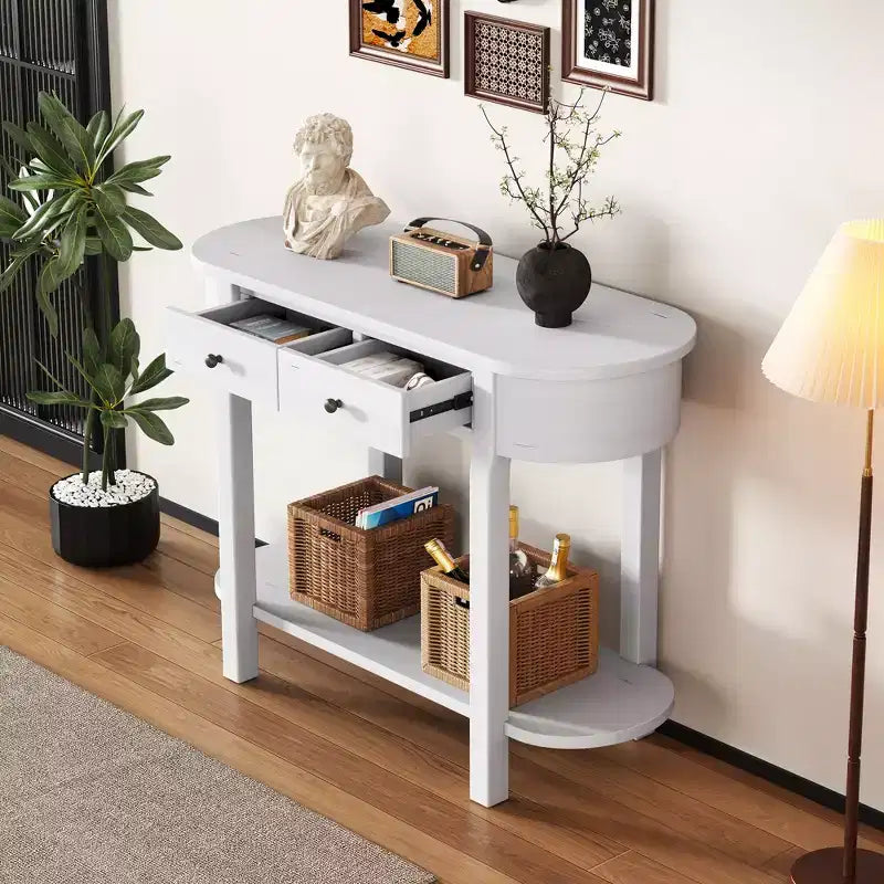 Tavolo Consolle Ovale Marrone con Cassetto e Ripiano Aperto, 1 Posto, Larghezza 101,6 cm