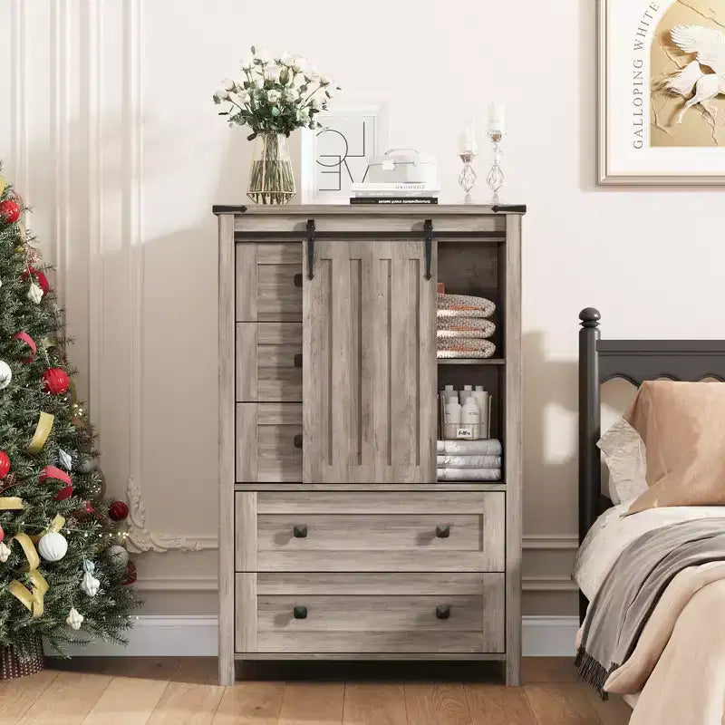Cassettiera Alta Bianca con 5 Cassetti e Anta Scorrevole a Fienile, per 1