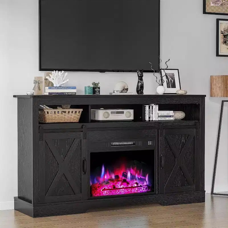 Heynemo Fireplace TV Stand for 65''+ TV, Entertainment Center with 23 Electric Fireplace with Remote & Sliding Bar Door for Living Room