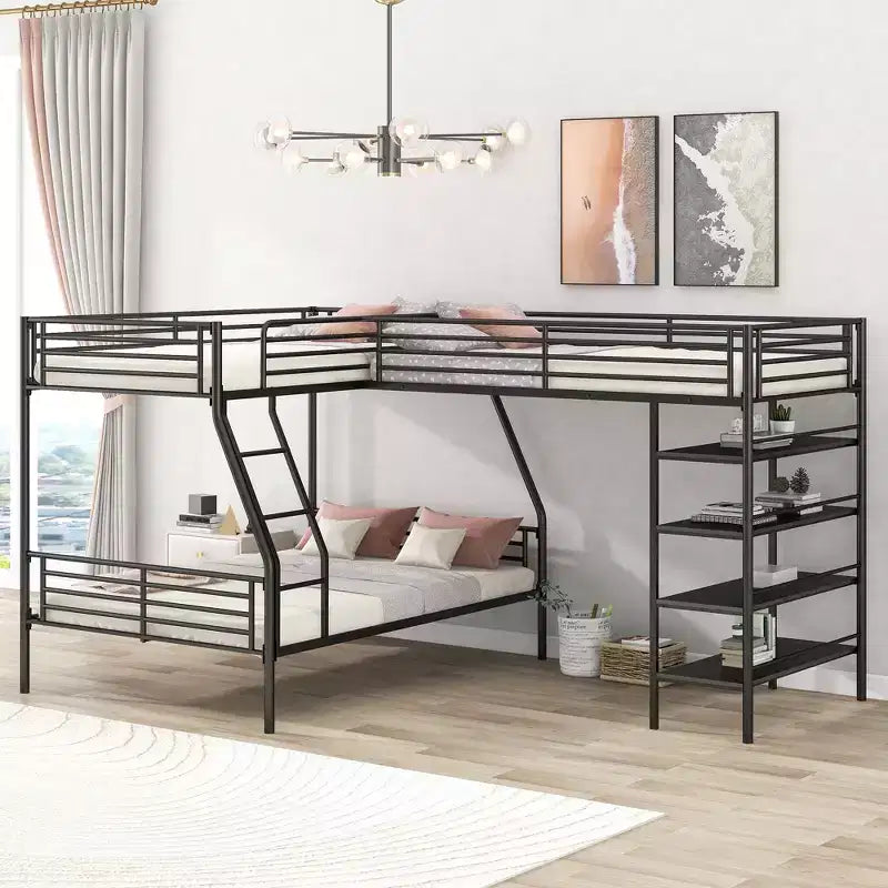 Letto a castello e soppalco a L in metallo nero, 3 posti letto