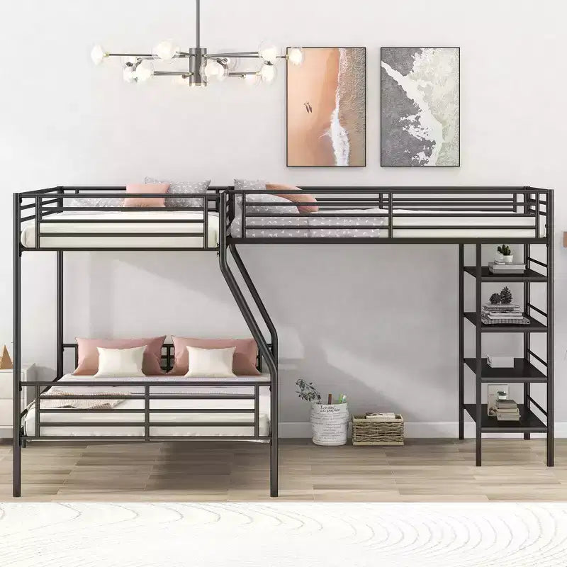 Letto a castello e soppalco a L in metallo nero, 3 posti letto