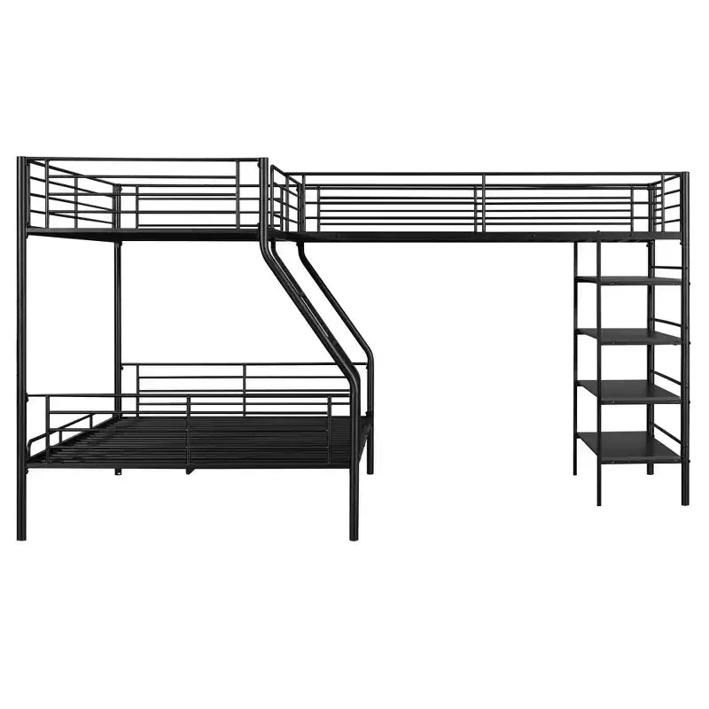 Letto a castello e soppalco a L in metallo nero, 3 posti letto