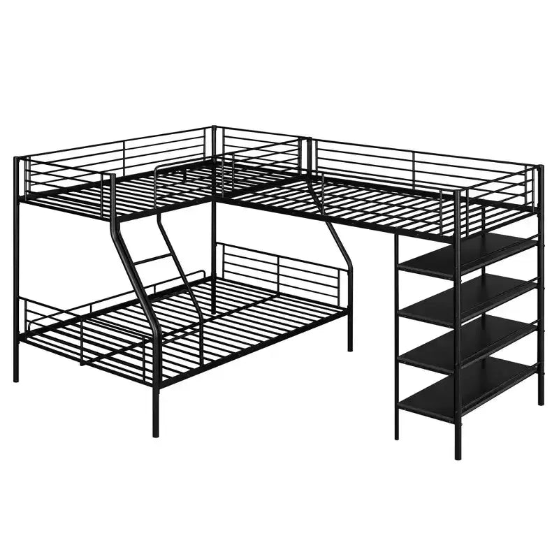 Letto a castello e soppalco a L in metallo nero, 3 posti letto