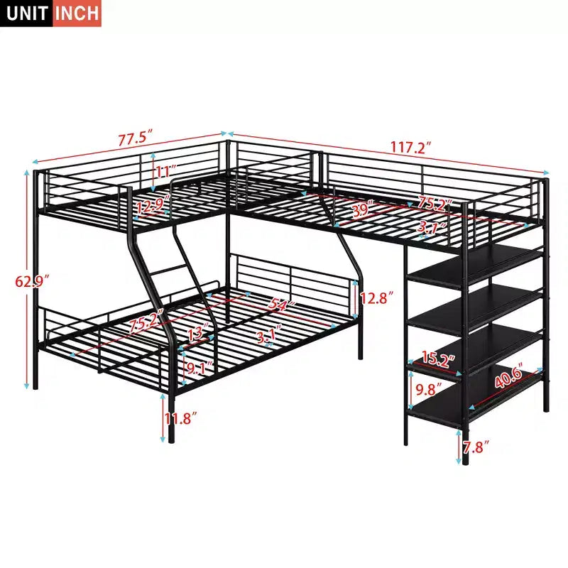 Letto a castello e soppalco a L in metallo nero, 3 posti letto