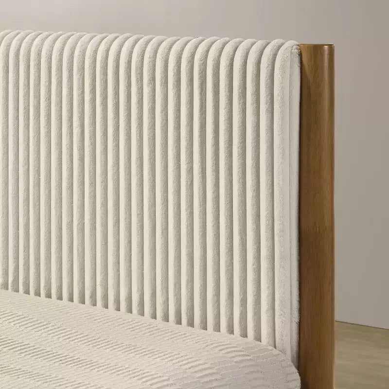 Letto Imbottito con Base a Piattaforma – Beige / Crema, Poliestere Testurizzato / Velluto a Coste, Queen / King, Adatto a 1