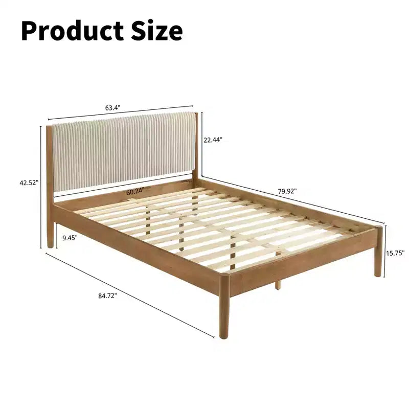 Letto Imbottito con Base a Piattaforma – Beige / Crema, Poliestere Testurizzato / Velluto a Coste, Queen / King, Adatto a 1