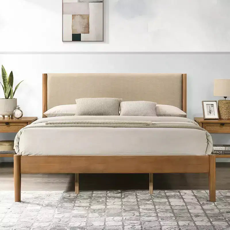 Letto Imbottito con Base a Piattaforma – Beige / Crema, Poliestere Testurizzato / Velluto a Coste, Queen / King, Adatto a 1