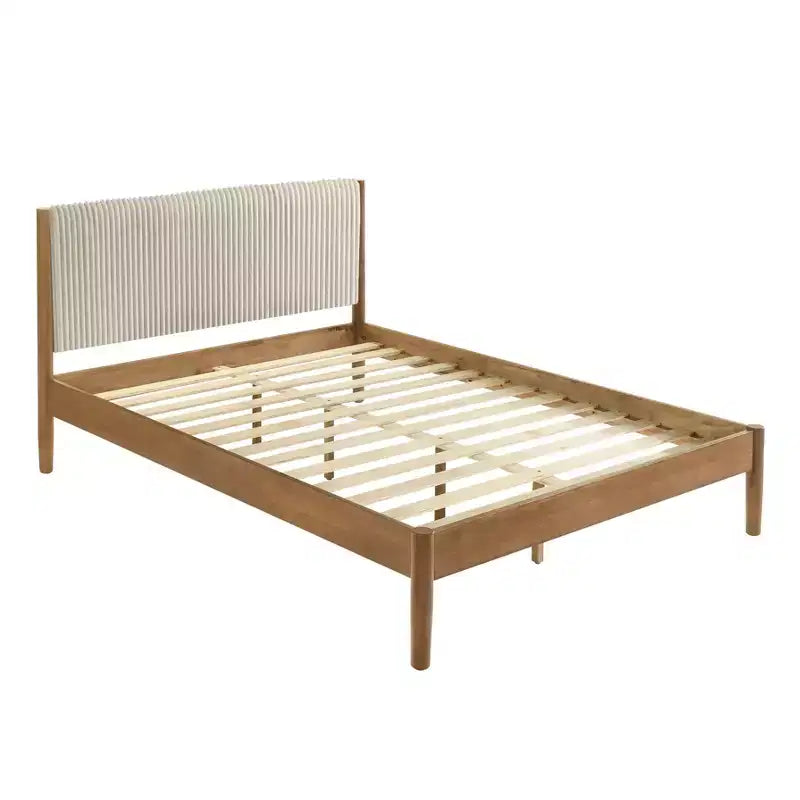 Letto Imbottito con Base a Piattaforma – Beige / Crema, Poliestere Testurizzato / Velluto a Coste, Queen / King, Adatto a 1