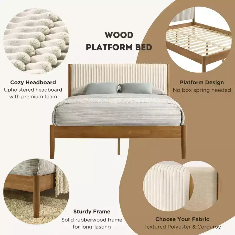 Letto Imbottito con Base a Piattaforma – Beige / Crema, Poliestere Testurizzato / Velluto a Coste, Queen / King, Adatto a 1