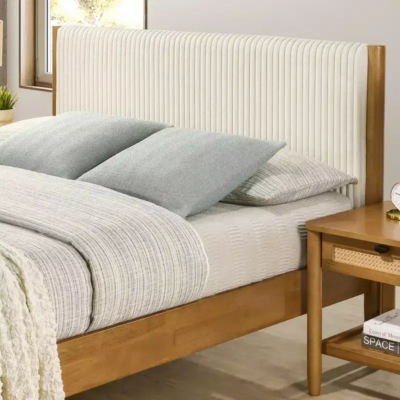 Letto Imbottito con Base a Piattaforma – Beige / Crema, Poliestere Testurizzato / Velluto a Coste, Queen / King, Adatto a 1