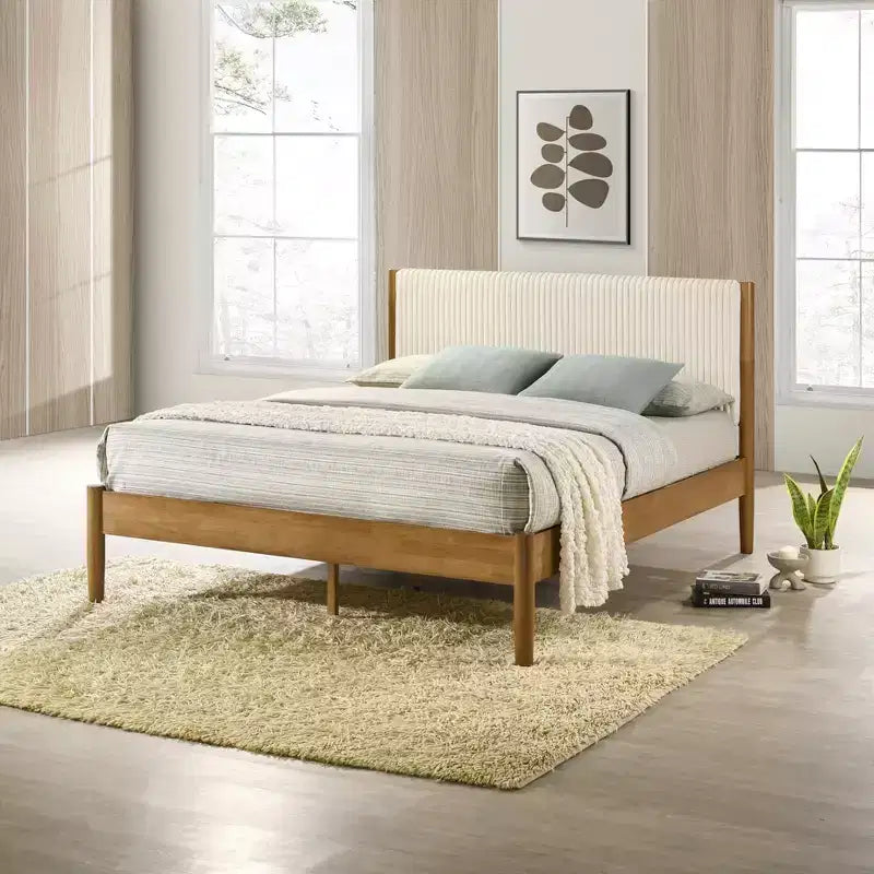 Letto Imbottito con Base a Piattaforma – Beige / Crema, Poliestere Testurizzato / Velluto a Coste, Queen / King, Adatto a 1