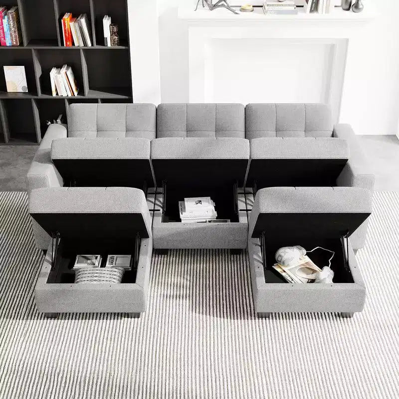 Divano modulare componibile Weave con contenitore – Blu / Grigio / Bianco sporco, 5 posti