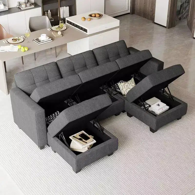 Divano modulare componibile Weave con contenitore – Blu / Grigio / Bianco sporco, 5 posti