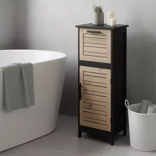 Mobiletto portatutto da bagno nero e marrone con cassetto, autoportante