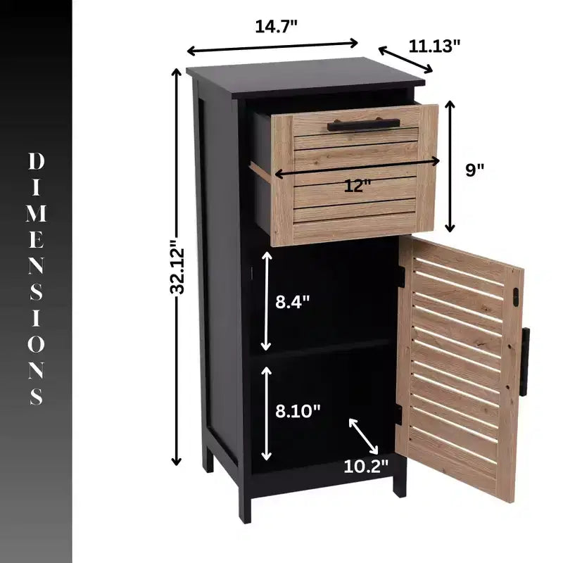 Mobiletto portatutto da bagno nero e marrone con cassetto, autoportante