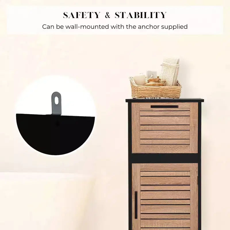 Mobiletto portatutto da bagno nero e marrone con cassetto, autoportante