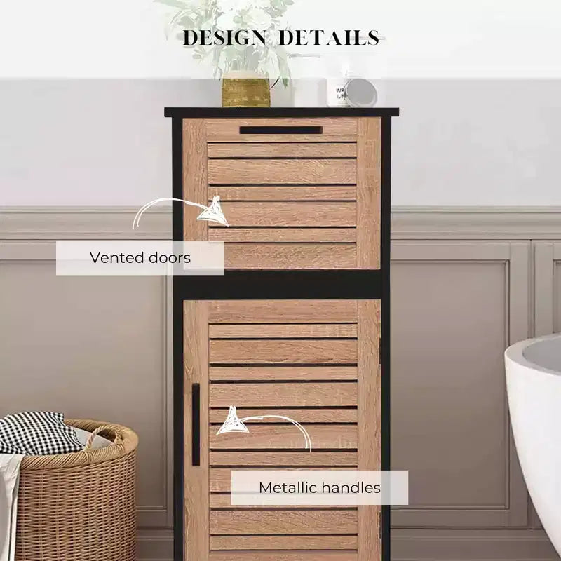 Mobiletto portatutto da bagno nero e marrone con cassetto, autoportante