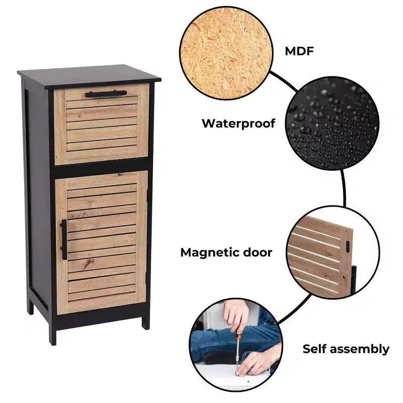 Mobiletto portatutto da bagno nero e marrone con cassetto, autoportante