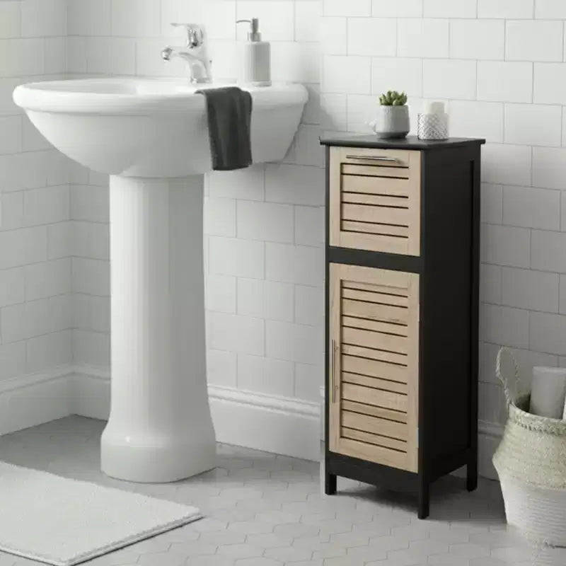 Mobiletto portatutto da bagno nero e marrone con cassetto, autoportante