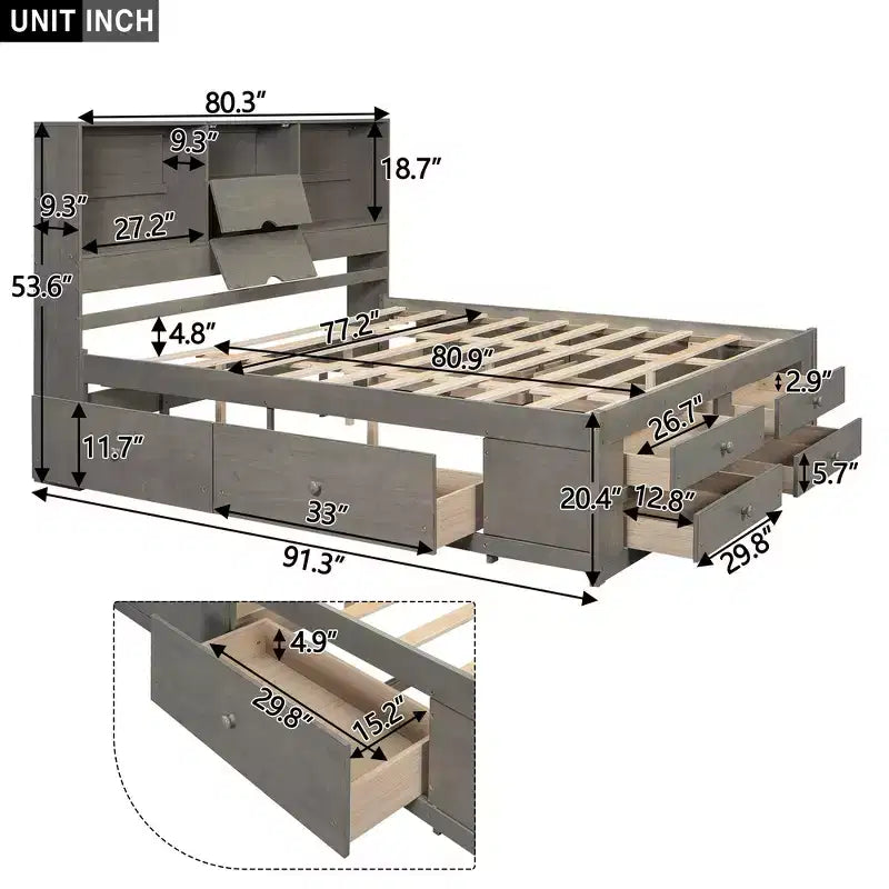 Letto a piattaforma grigio con testiera contenitore e 8 cassetti, King Size, 1 persona