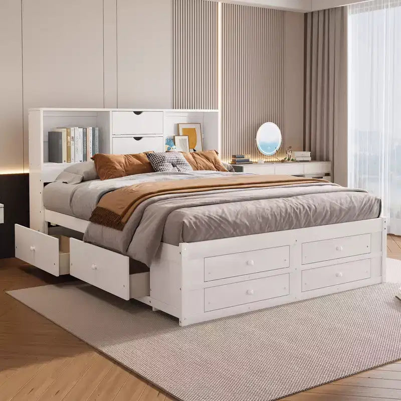 Letto a piattaforma grigio con testiera contenitore e 8 cassetti, King Size, 1 persona