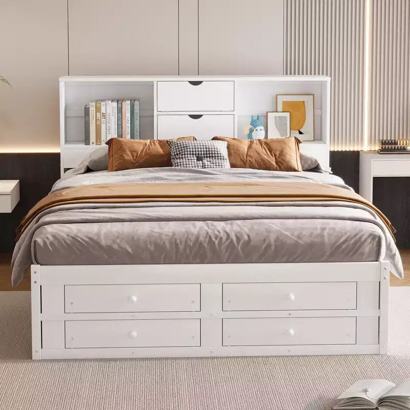 Letto a piattaforma grigio con testiera contenitore e 8 cassetti, King Size, 1 persona