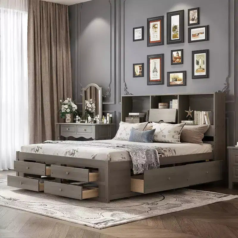Letto a piattaforma grigio con testiera contenitore e 8 cassetti, King Size, 1 persona