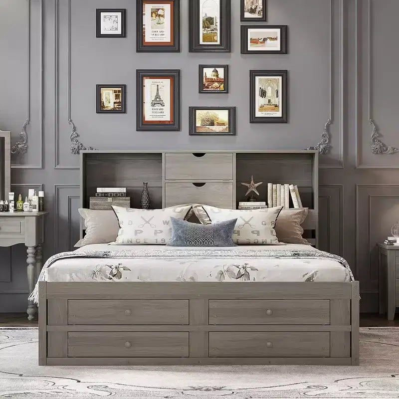 Letto a piattaforma grigio con testiera contenitore e 8 cassetti, King Size, 1 persona