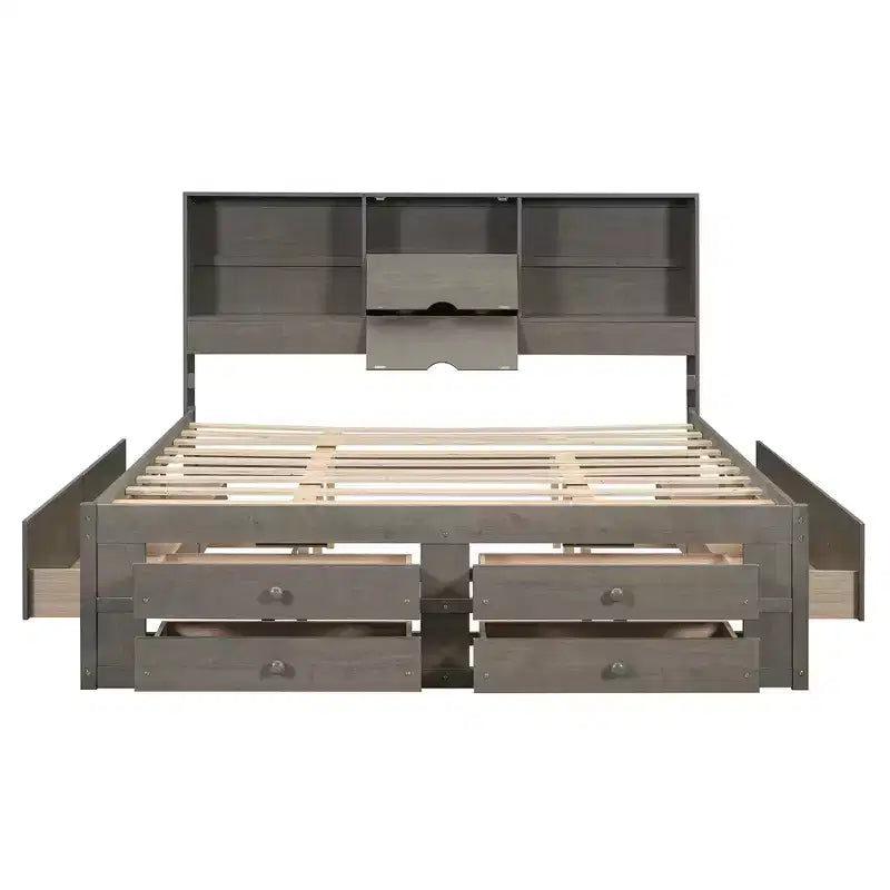 Letto a piattaforma grigio con testiera contenitore e 8 cassetti, King Size, 1 persona