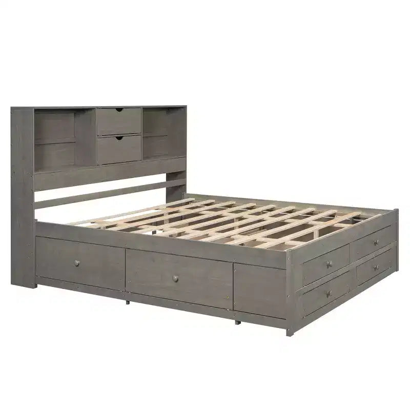 Letto a piattaforma grigio con testiera contenitore e 8 cassetti, King Size, 1 persona