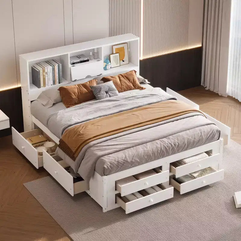 Letto a piattaforma grigio con testiera contenitore e 8 cassetti, King Size, 1 persona