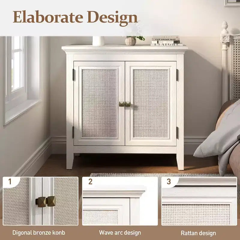 Credenza a 2 ante Marrone/Bianco con Ante in Rattan, Ripiano Regolabile