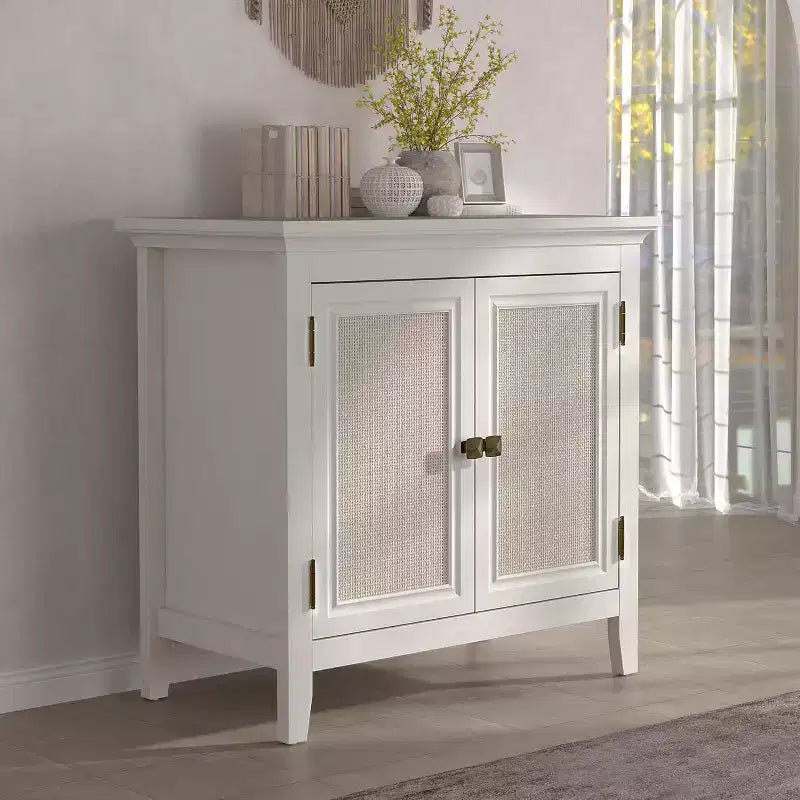 Credenza a 2 ante Marrone/Bianco con Ante in Rattan, Ripiano Regolabile