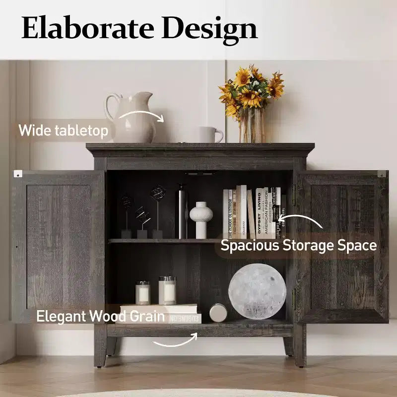 Credenza a 2 ante Marrone/Bianco con Ante in Rattan, Ripiano Regolabile