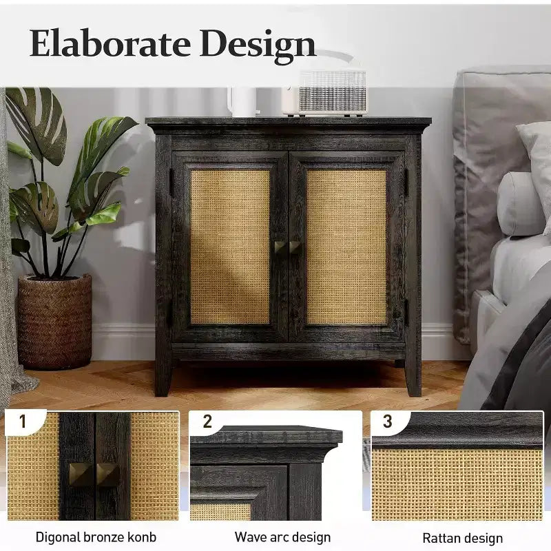 Credenza a 2 ante Marrone/Bianco con Ante in Rattan, Ripiano Regolabile