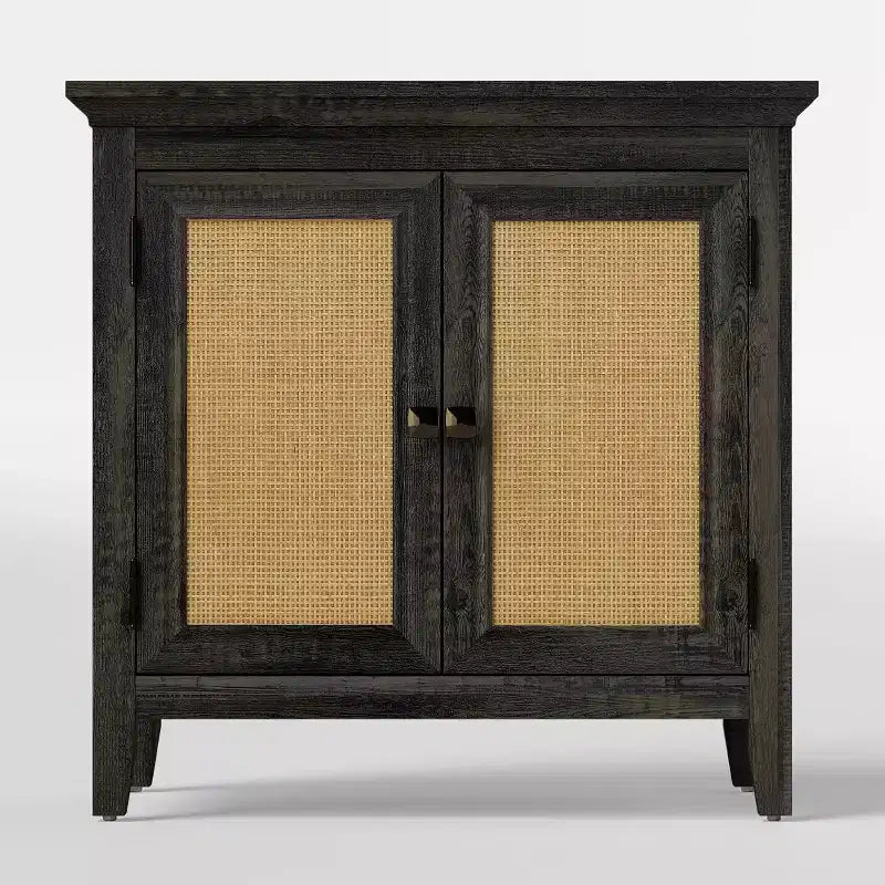 Credenza a 2 ante Marrone/Bianco con Ante in Rattan, Ripiano Regolabile