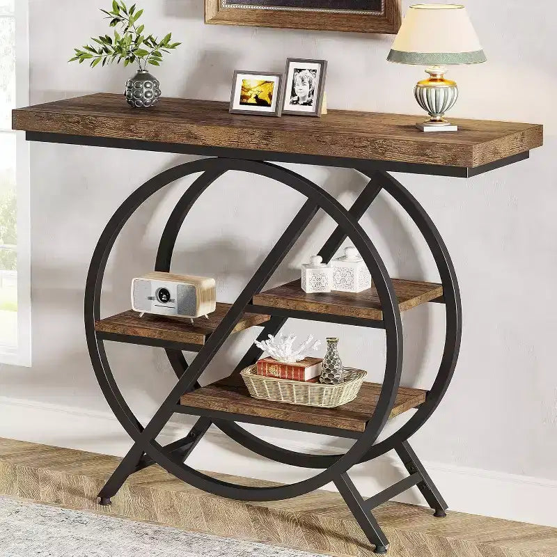 Tavolo Consolle a 4 Livelli Marrone e Nero – Telaio Geometrico in Metallo, Tavolo da Divano per Ingresso Monouso
