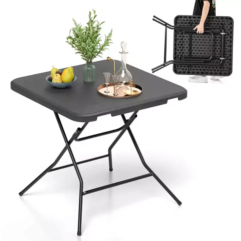 Tavolo pieghevole quadrato nero, effetto rattan, per 4 persone