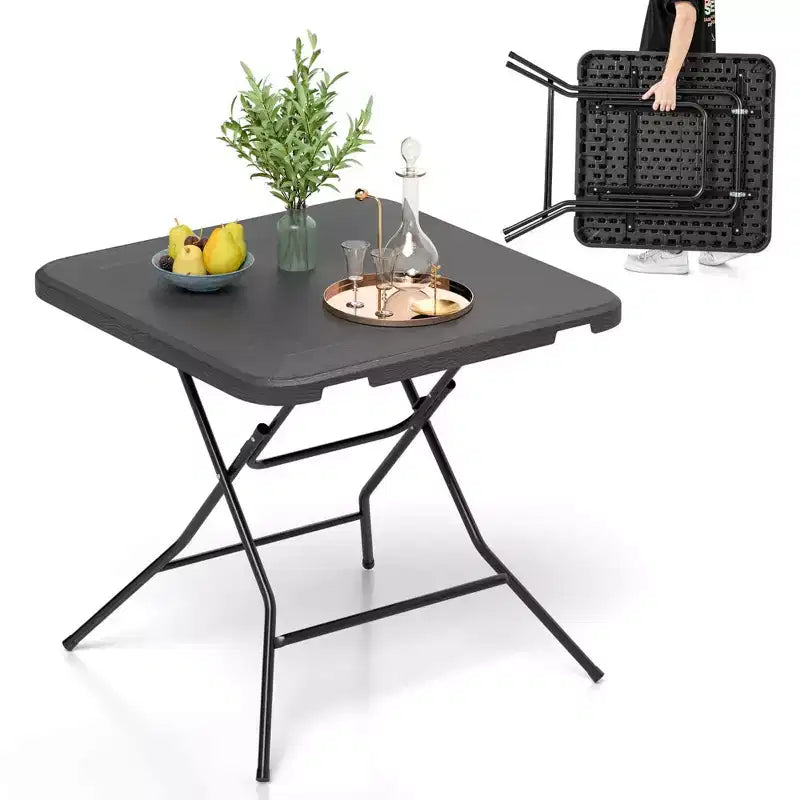 Tavolo pieghevole quadrato nero, effetto rattan, per 4 persone