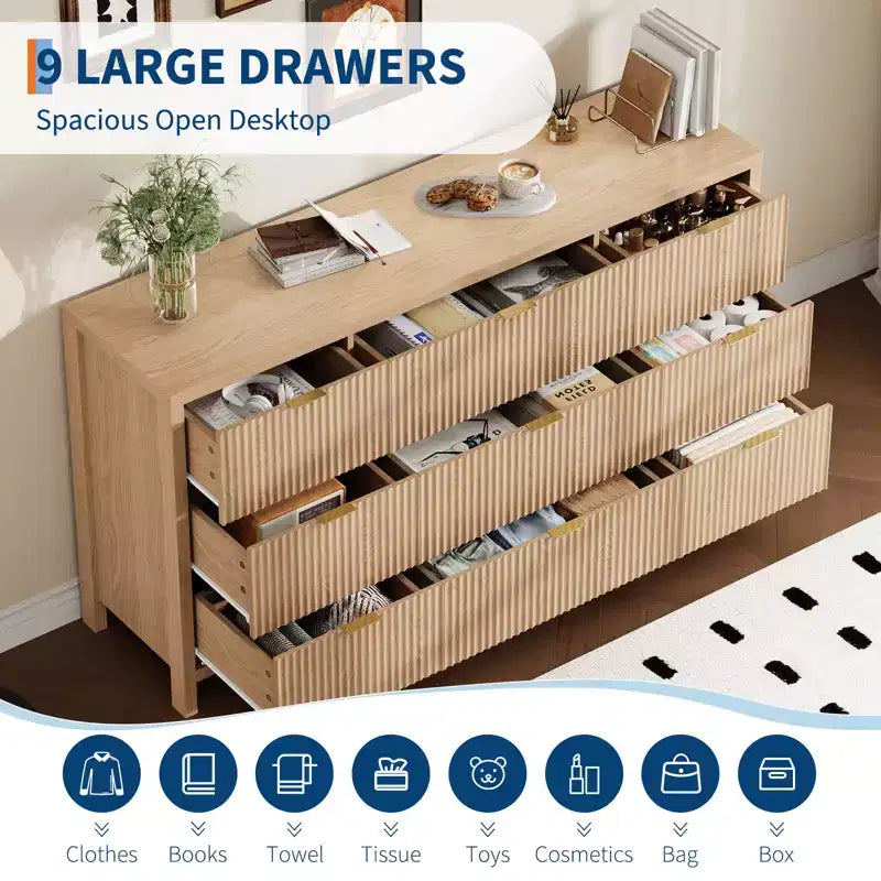Comò a 9 cassetti in rovere/noce – Cassettone in legno scanalato, singolo