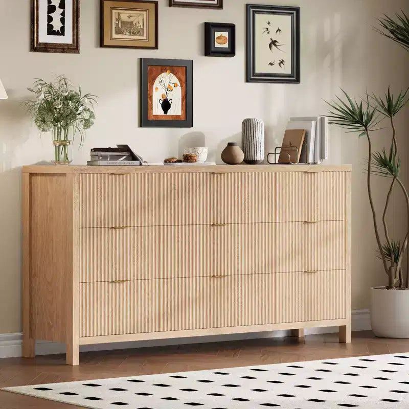 Farmhouse 9 Drawer Dressers for Bedroom, Slim Wood Chest of Drawers, Mid Century Modern Fluted Dresser Storage Organizer for Closet Living Room