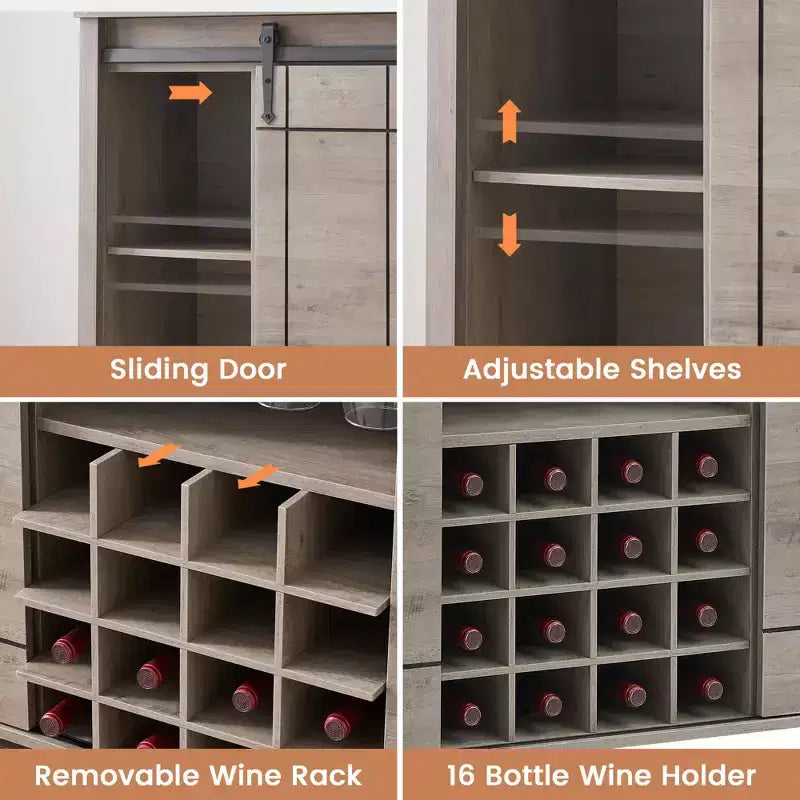 Mobile Bar con Ante Scorrevoli Stile Fienile, 2 Ante, Rovere Rustico Scuro / Rovere Rustico Chiaro / Bianco, Contiene 16 Bottiglie di Vino